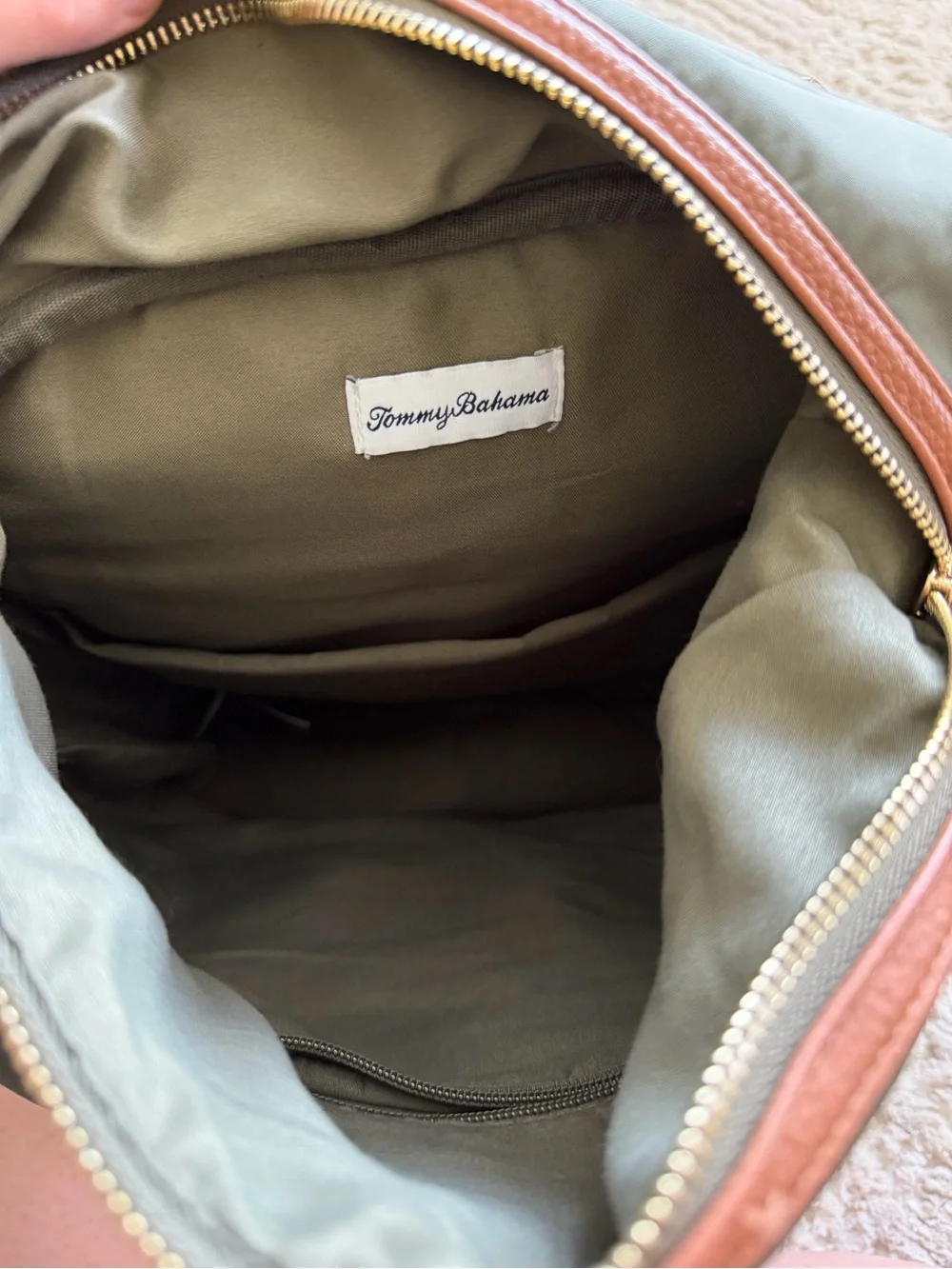 Tommy Bahama Olive Green Nylon Backpack with Brown Leather Trim